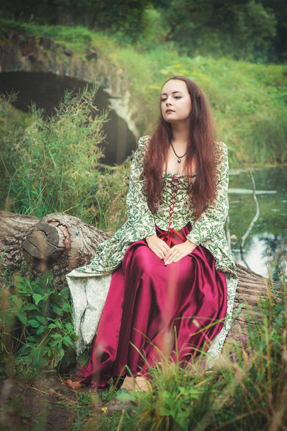 Beautiful girl in long medieval dress sitting on the tree near river outdoor - Photo, image