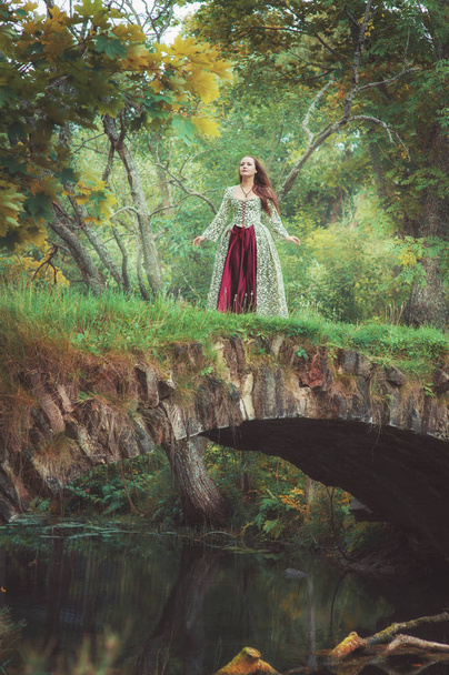 Bella ragazza in abito lungo medievale in piedi sul ponte vicino al fiume all'aperto
 - Foto, immagini