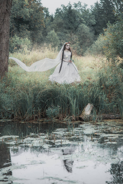 屋外の森に不気味な死んだ花嫁。ハロウィーンのシーン - 写真・画像
