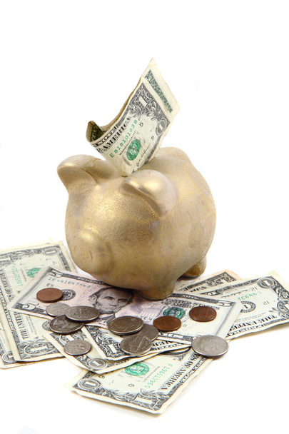 gold pig bank and dollars - Фото, зображення