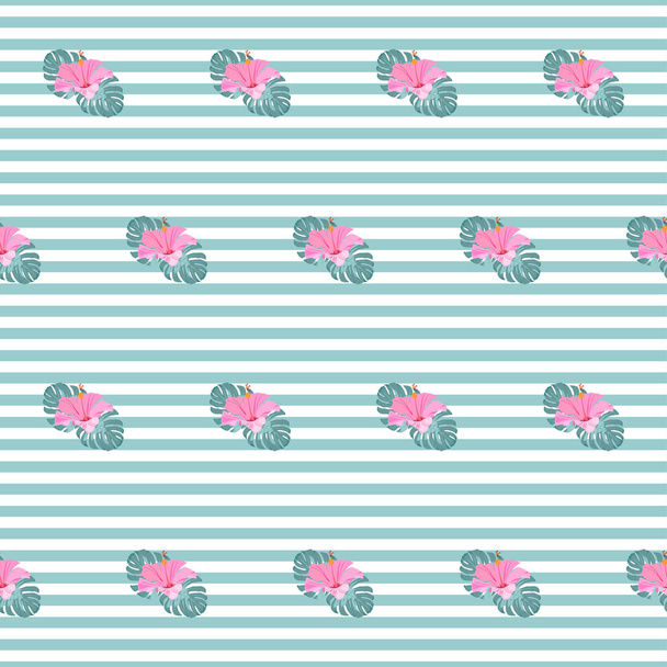 Seamless pattern with pink flowers and monstera leaves on striped background - Vetor, Imagem