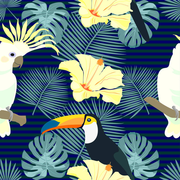 Seamless pattern with tropical leaves and birds on blue background - Vektor, Bild