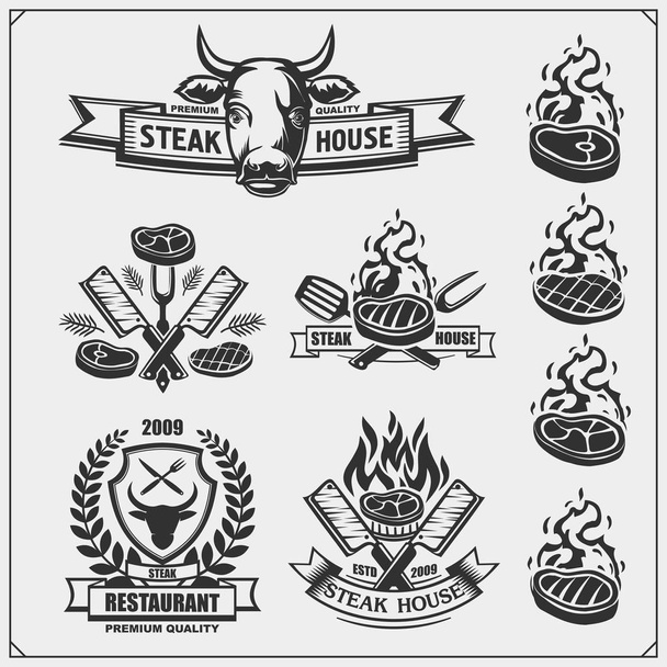 BBQ Collection. Set of grill steak labels, badges and emblems. Fresh beef. - Vetor, Imagem