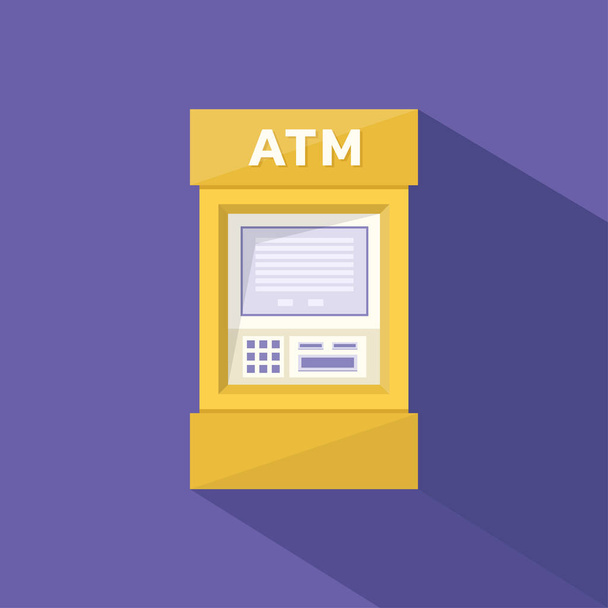 Gele ATM-Machine op paarse achtergrond. Platte Design - Vector - Vector, afbeelding
