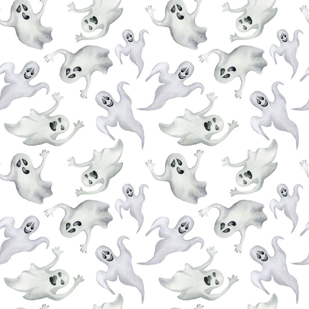 Seamless pattern with halloween ghosts on white background. Hand drawn watercolor illustration. - Photo, Image