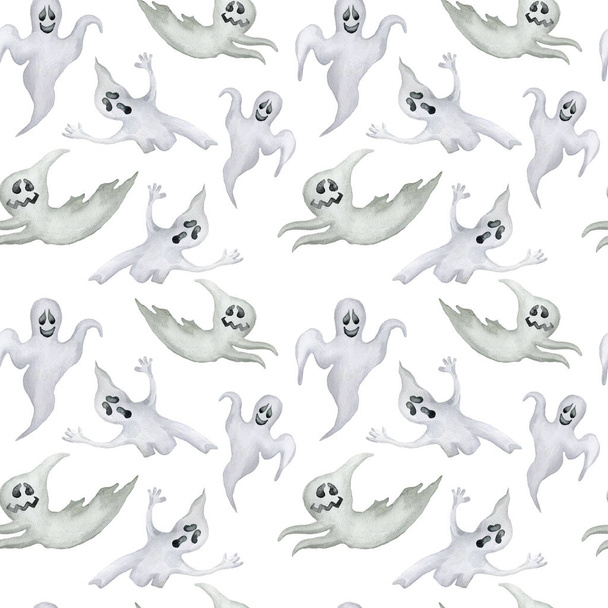 Seamless pattern with halloween ghosts on white background. Hand drawn watercolor illustration. - Foto, Imagem