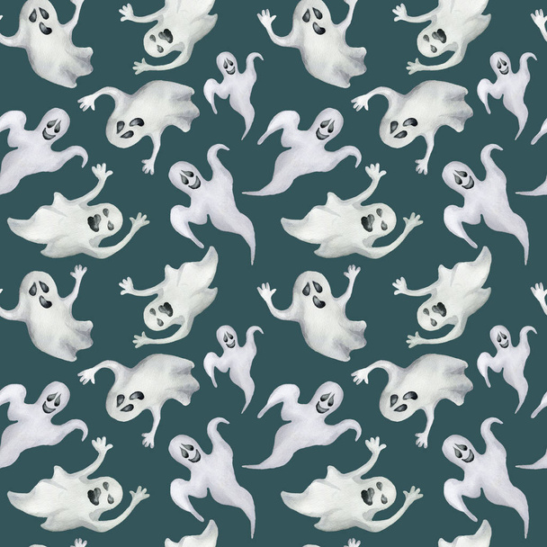 Seamless pattern with halloween ghosts. Hand drawn watercolor illustration. - Фото, зображення
