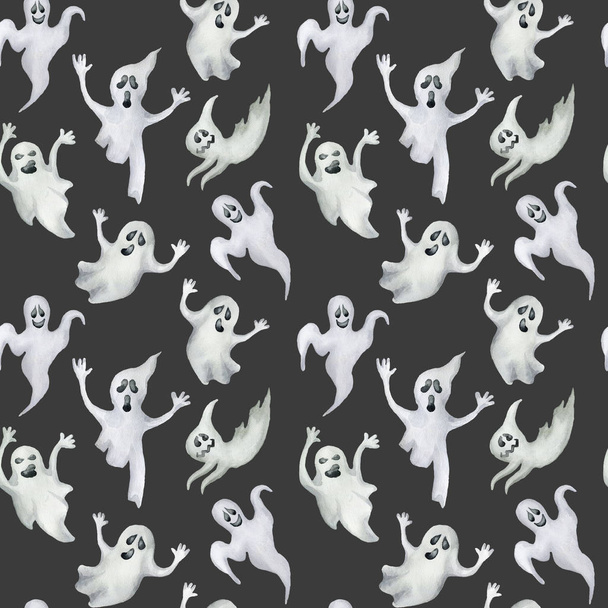 Seamless pattern with halloween ghosts. Hand drawn watercolor illustration. - Фото, зображення