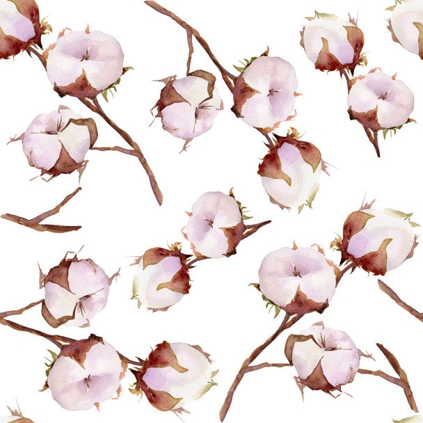 Seamless pattern with cotton plant flower on white background. Hand drawn watercolor illustration.  - Φωτογραφία, εικόνα