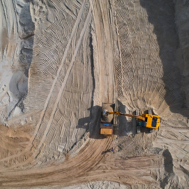 Aerial view of sand quarry with bulldozer - Zdjęcie, obraz