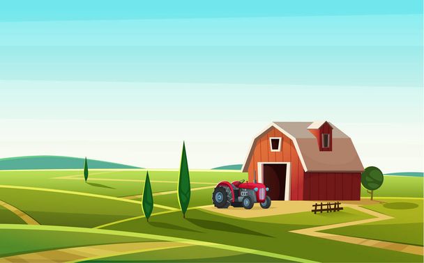 Барвистий сільський пейзаж з сараєм і трактором на пагорбі. Місце розташування села. Мультфільм сучасний Векторні ілюстрації
 - Вектор, зображення