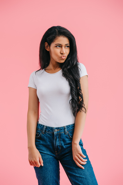 beautiful african american woman showing duck face isolated on pink  - Photo, Image