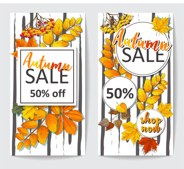 φθινόπωρο flyer πώληση δύο με φθινοπωρινά φύλλα - Διάνυσμα, εικόνα
