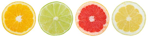 Collection of citrus fruits in a row orange lemon slices sliced isolated on a white background - Фото, зображення