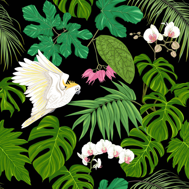 Varrat nélküli mintát, háttér. a trópusi növények és virágok fehér orchidea virágok és a trópusi madarak.  - Vektor, kép