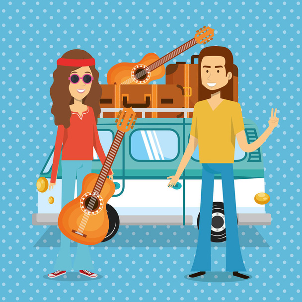 casal hippies jogando personagens de estilo de vida de guitarra
 - Vetor, Imagem