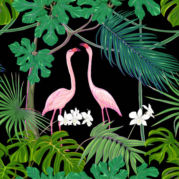 Бесшовный рисунок, фон. с тропическими растениями и цветами с белыми цветами орхидеи и тропических птиц
.  - Вектор,изображение