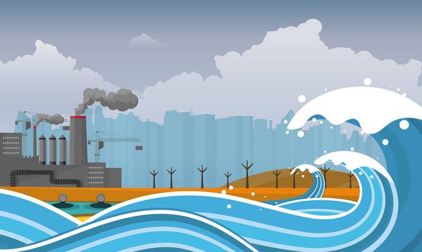 Tsunami, Flood Disaster, Vector Illustration. Paysage inondé
 - Vecteur, image