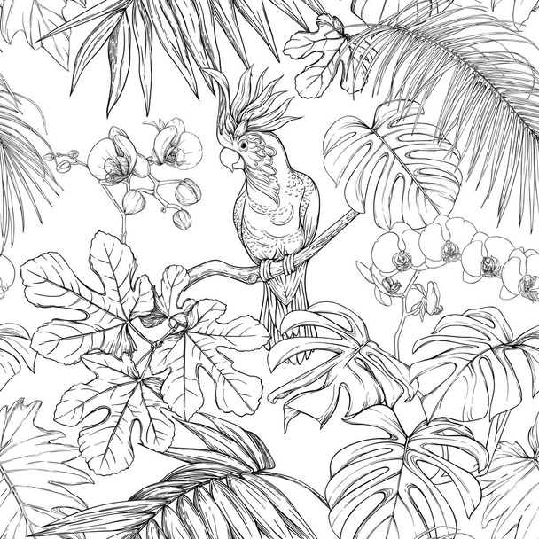 Seamless pattern, background. with tropical plants and flowers with white orchid flowers and tropical birds. - Vector, Imagen