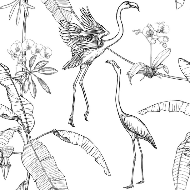 Seamless pattern, background. with tropical plants and flowers with white orchid flowers and tropical birds. - Vektör, Görsel