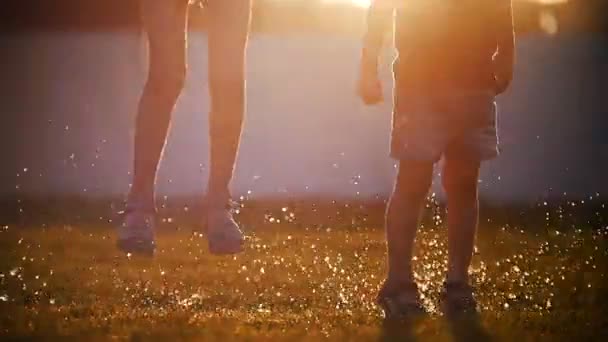 Meisje en jongen springen op plassen op het gras. Vliegende spray die glinsteren in de zon. - Video