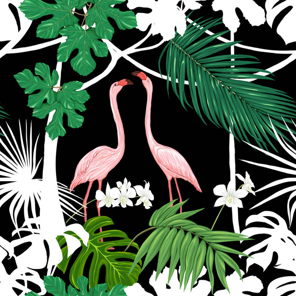 Saumaton kuvio, tausta. trooppisia kasveja ja kukkia valkoinen orkidea kukkia ja trooppisia lintuja
. - Vektori, kuva