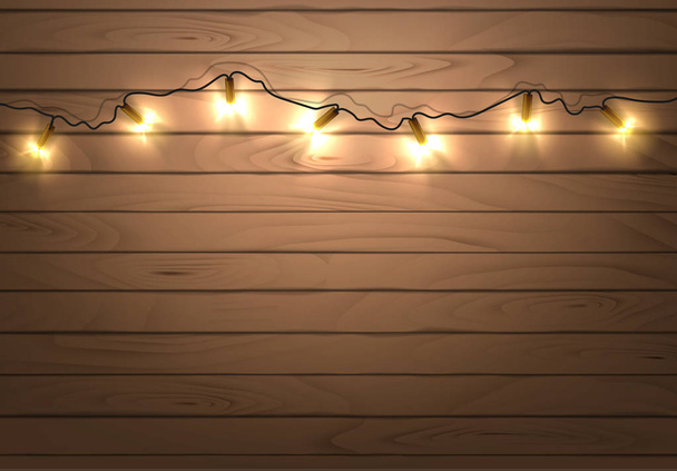 Ilustración vectorial Tablero de madera rústico negro con luces de Navidad de color dorado y espacio para su texto. Fondo en blanco
. - Vector, Imagen