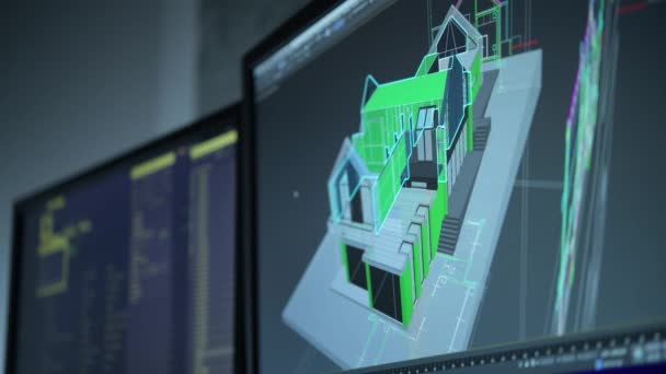Computerschermen binnen de architecturale Studio. Modeling huis in 3d. - Video