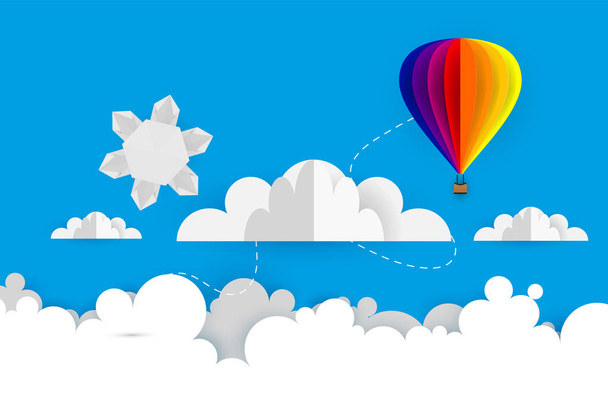 Bewolkte blauwe hemel met kleurrijke lucht ballonnen - Vector, afbeelding