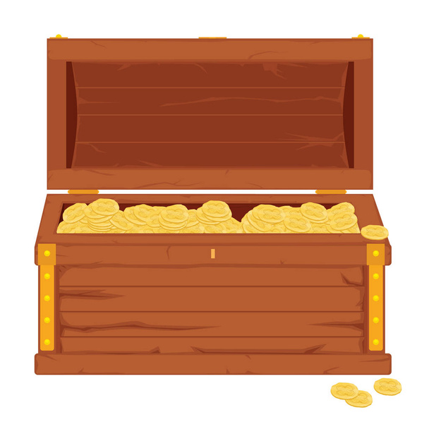 Εικονίδιο του φορέα με κινουμένων σχεδίων άνοιξε καφέ ξύλινα πειρατής στήθος με χρυσές μεταλλικές ρίγες πλήρη θησαυρός νομισμάτων σε λευκό φόντο - Διάνυσμα, εικόνα