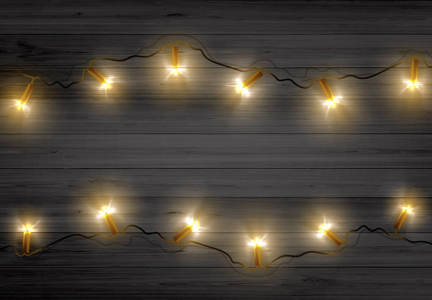 ベクトル イラスト、テキストの黄金色のクリスマス ライト、スペース素朴な木の板を黒。空白の背景. - ベクター画像