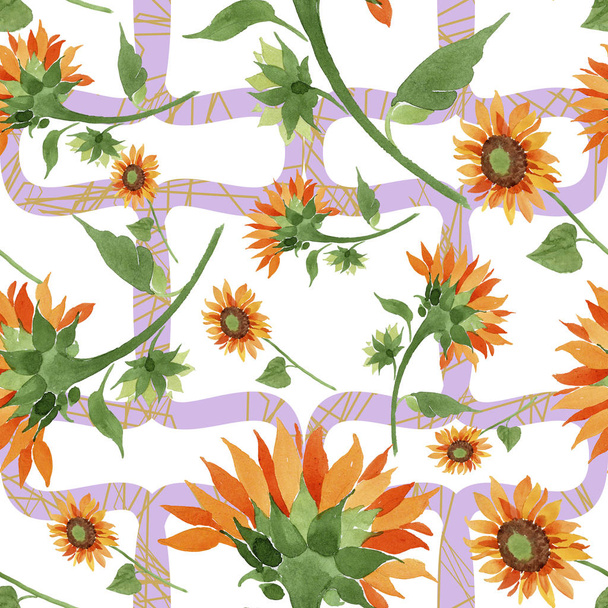 Watercolor orange sunflower flower. Floral botanical flower. Seamless background pattern. Fabric wallpaper print texture. Aquarelle wildflower for background, texture, wrapper pattern, border. - Photo, image
