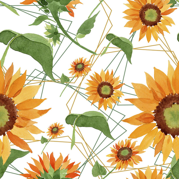 Watercolor orange sunflower flower. Floral botanical flower. Seamless background pattern. Fabric wallpaper print texture. Aquarelle wildflower for background, texture, wrapper pattern, border. - Photo, Image