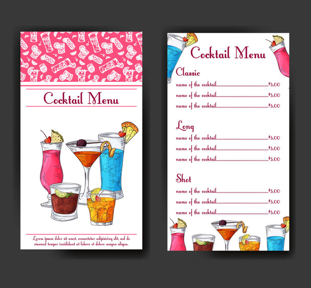Alcohol drinks menu. Bar brochure template for cafe or restaurant. Vector illustration with hand drawn elements - Vector, afbeelding