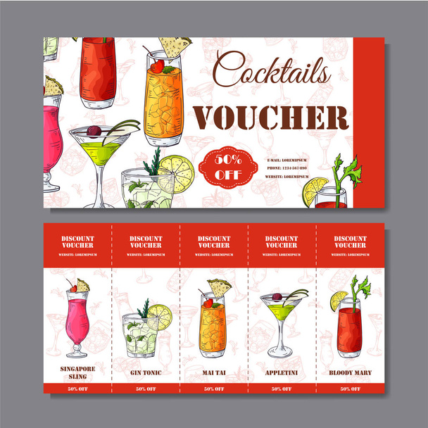 Cocktail discount voucher for cafe or restaurant. Modern style with hand drawn elements. Vector alcohol illustration - Vector, Image