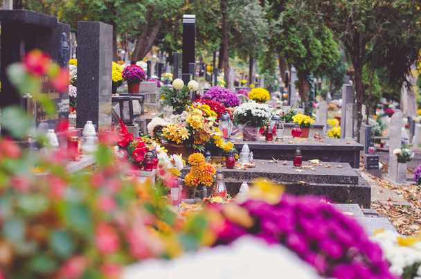 decorated graves in cemetery during All Saints Day in autumn time - Photo, Image