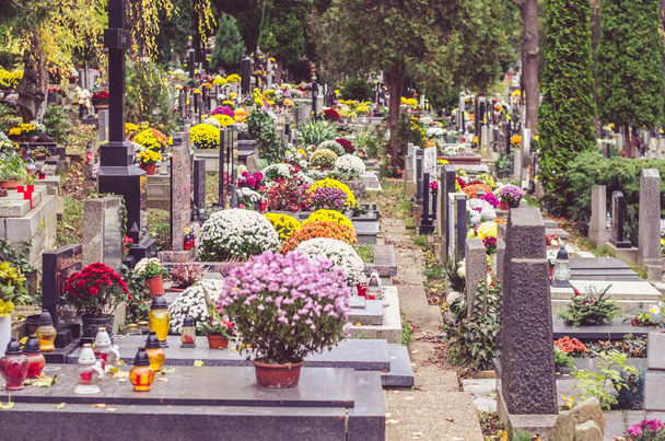 tumbas decoradas en el cementerio durante el día de Todos los Santos en otoño
 - Foto, Imagen