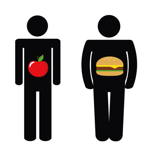 Mann mit gesundem Apfel und ungesundem Fast-Food-Burger Piktogrammvektorillustration Eps10 - Vektor, Bild