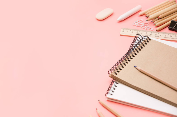 Colorful school supplies on pastel pink. Top view, flat lay. Space for text. - Foto, immagini