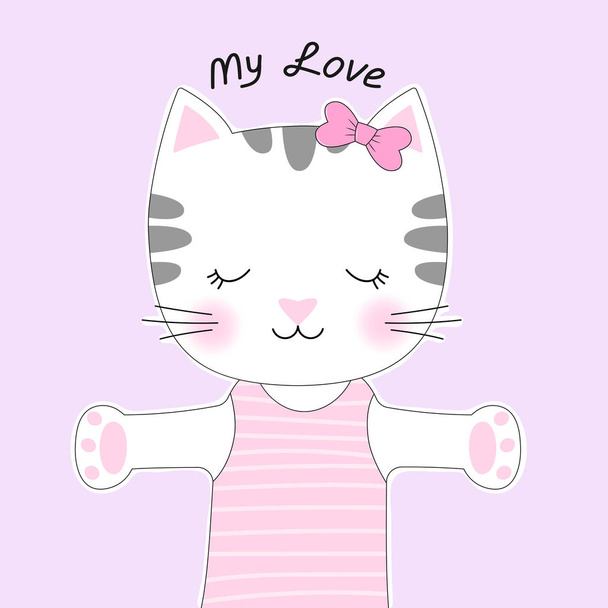 Cute cartoon cat with a bow and inscription my love. - Vecteur, image