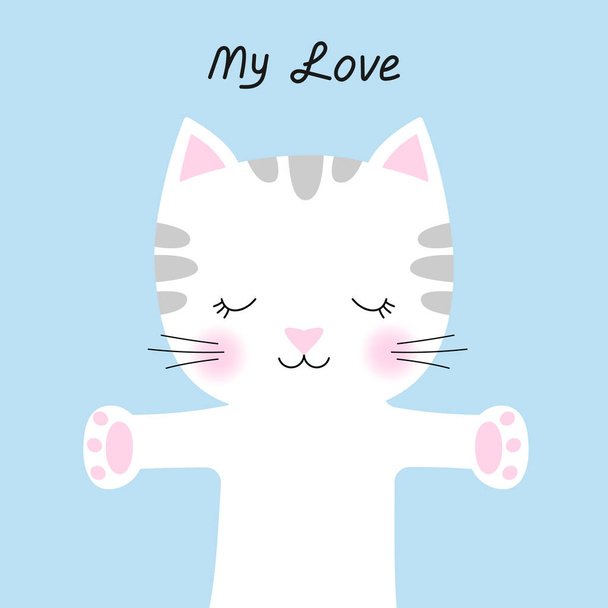Söpö sarjakuva kissa ja kirjoitus Rakkauteni eristetty sininen tausta
. - Vektori, kuva