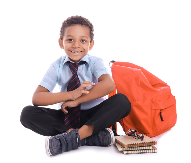 Cute African-American schoolboy with backpack on white background - Foto, imagen