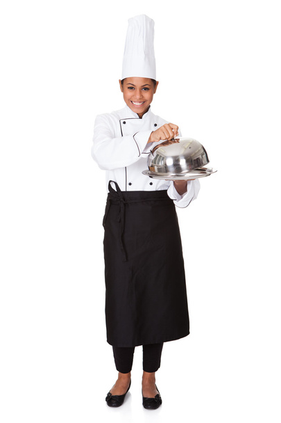 Female Chef With Tray Of Food In Hand - Photo, image
