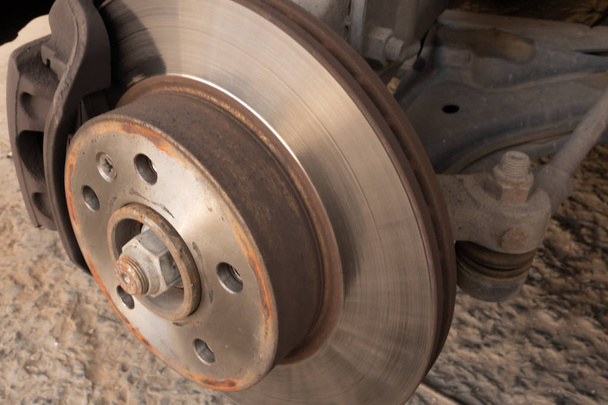 Brake disc, caliper and ball joint of a car - Photo, Image