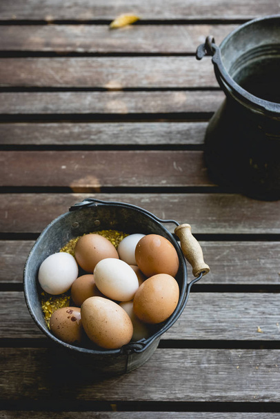 Металлическое ведро с органическими куриными яйцами
 - Фото, изображение