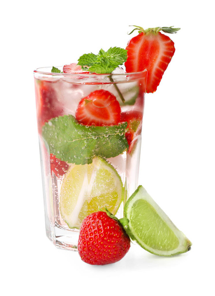 Glass of fresh strawberry mojito on white background - Photo, Image