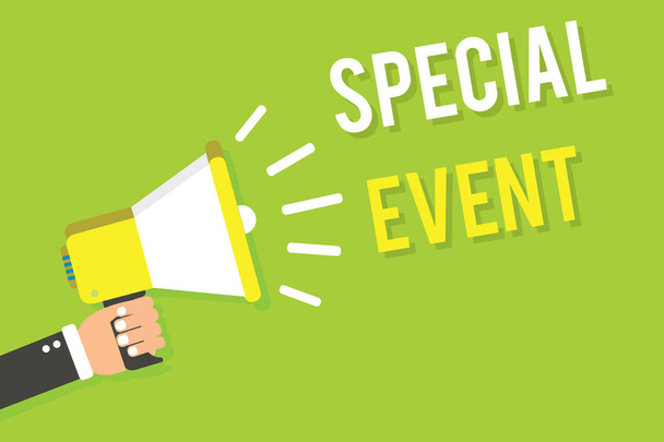 Conceptual hand writing showing Special Event. Business photo text Function to generate money for non profit a Crowded Occassion Man holding megaphone loudspeaker green background speaking loud. - Photo, Image