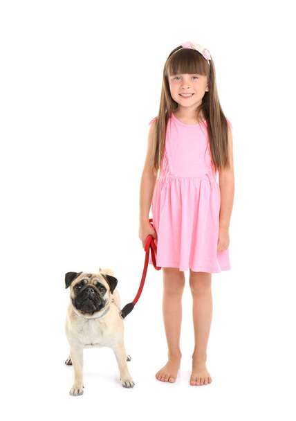 Χαριτωμένο κοριτσάκι με το σκύλο πατημασιά σε λευκό φόντο - Φωτογραφία, εικόνα