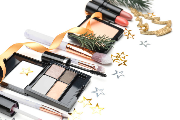 Set of cosmetics with Christmas decorations on white background - Zdjęcie, obraz