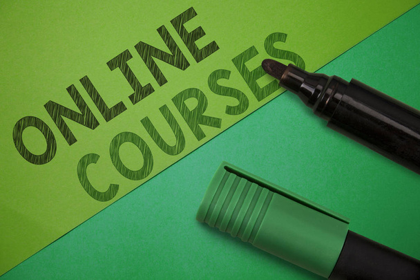 Conceptual hand writing showing Online Courses. Business photo showcasing Revolutionizing formal education Learning through internet - Photo, Image